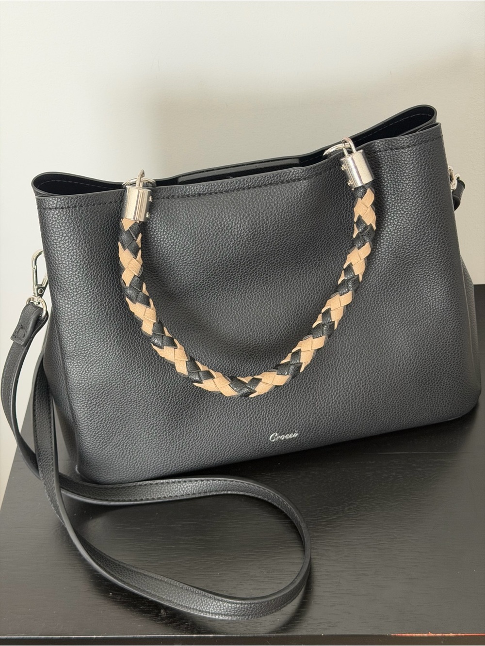 Crossi Black Leather Shoulder Tote with Braided Beige & Black Handle